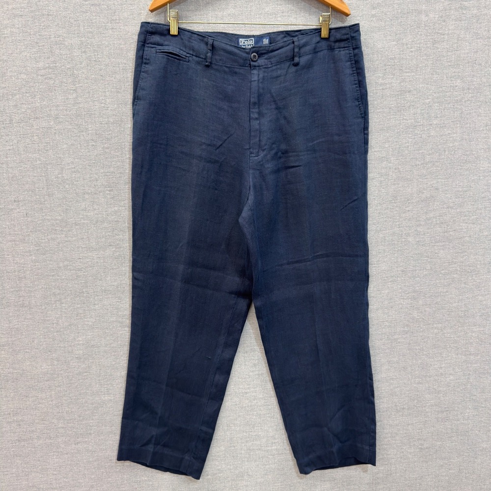 Polo Ralph Lauren Mens Navy Blue 100% Linen Flat Front Pants 36x30 Straight Leg